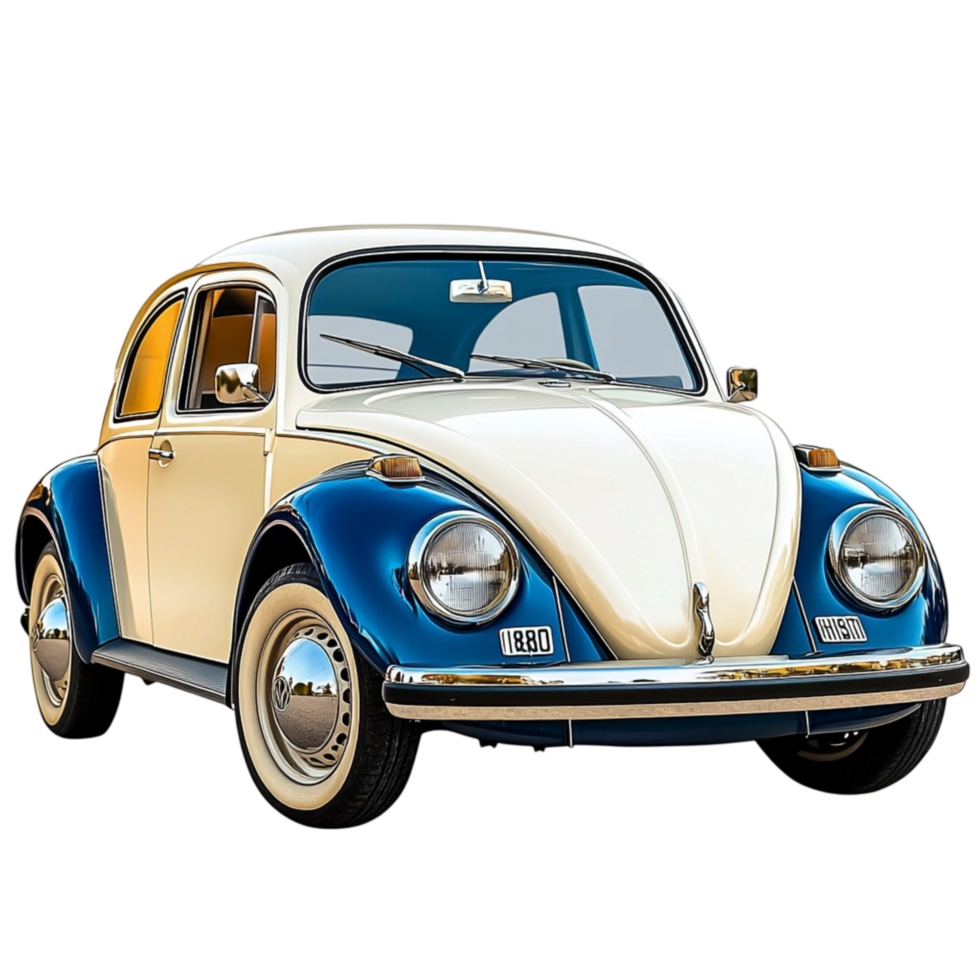 Blue and white vintage Volkswagen Beetle shiny details png