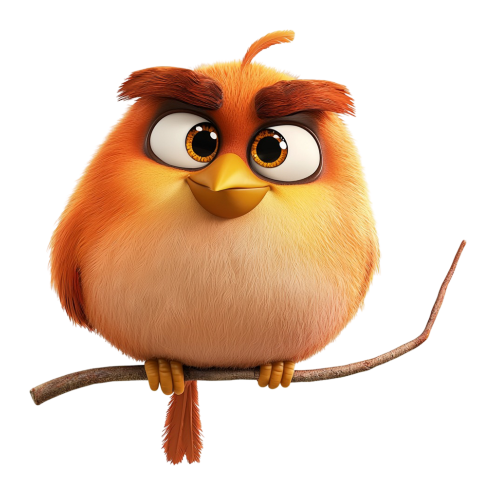 Cartoon orange bird expressive eyes sitting on a branch png