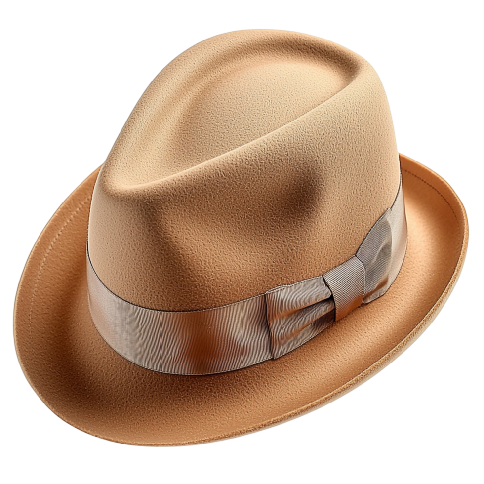 Brown fedora hat a ribbon and a angled brim png