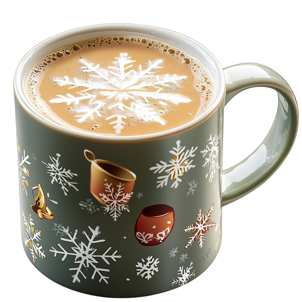 Festive mug filled frothy coffee and a snowflake design on top png