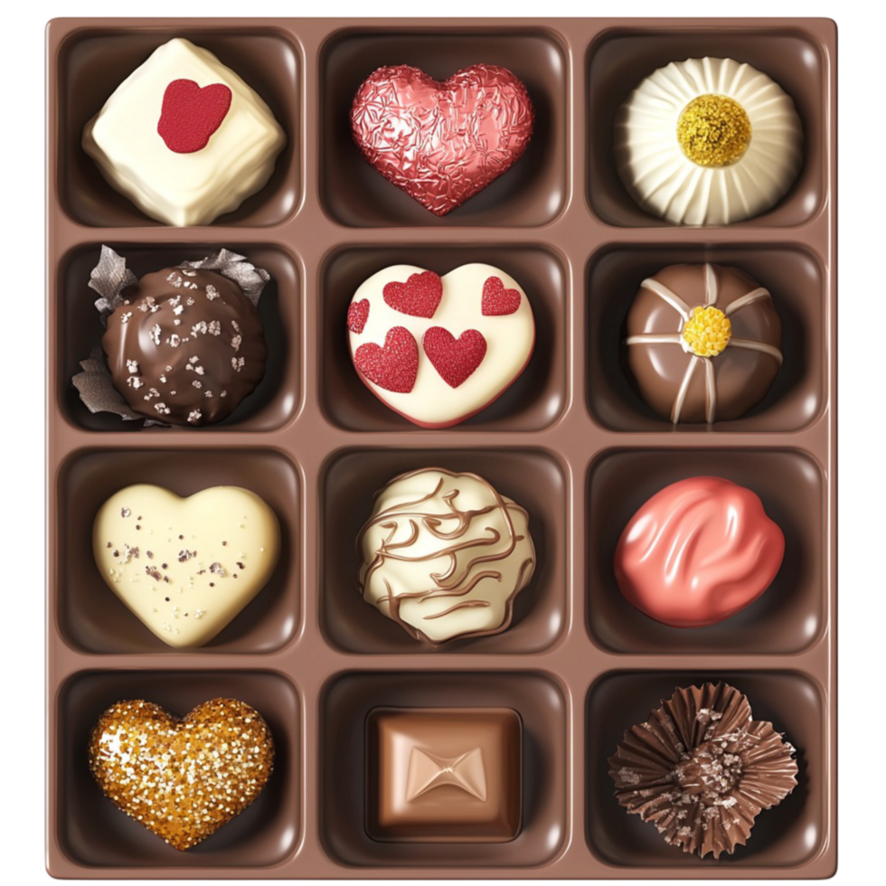 Box of assorted chocolates intricate patterns and flavors png