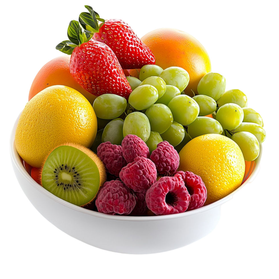 Bowl filled vibrant fruits including grapes oranges and strawberries png