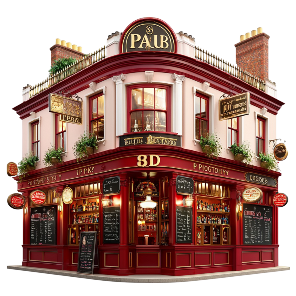 red pub building traditional architecture and floral decor png
