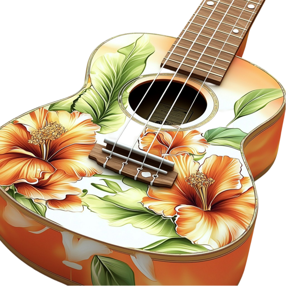 Floral themed ukulele vibrant hibiscus designs and a tropical aesthetic png