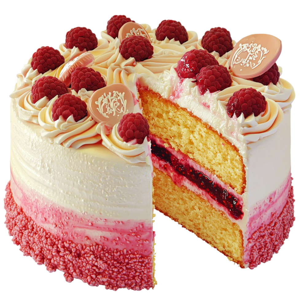 layered raspberry cake topped berries and cream png