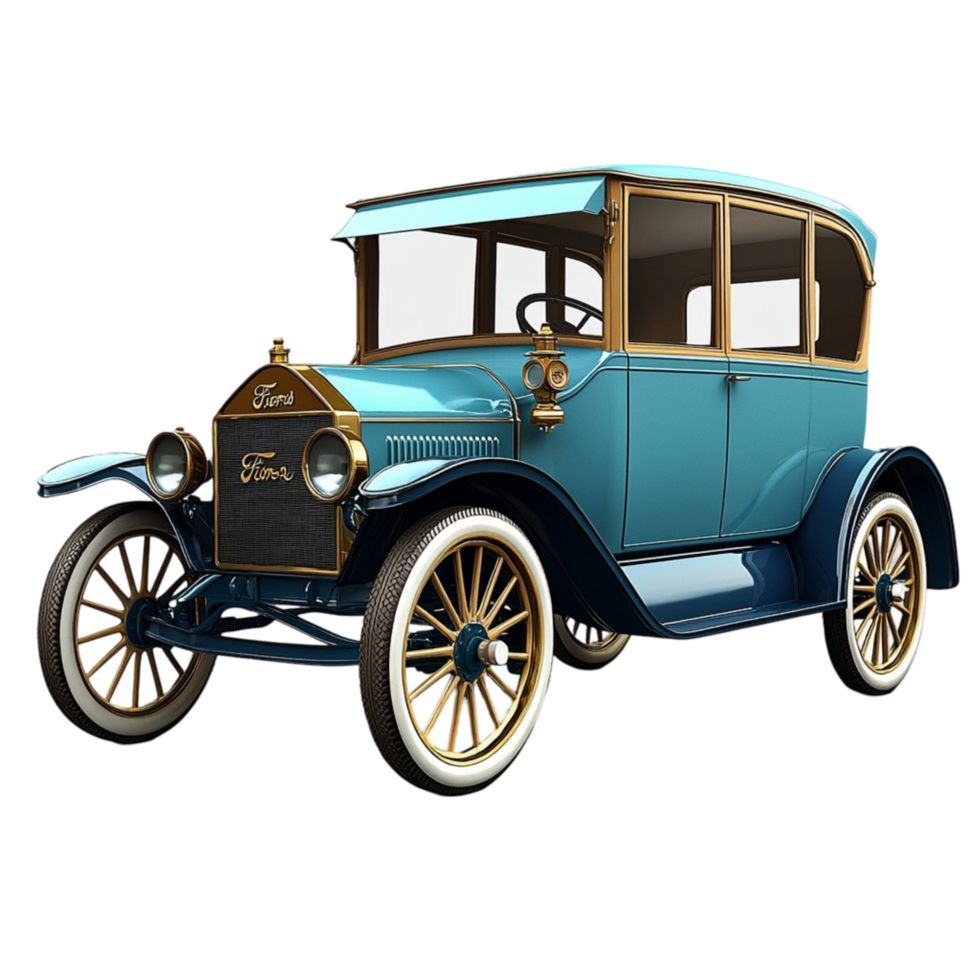 Antique blue car a wooden cabin and intricate features png