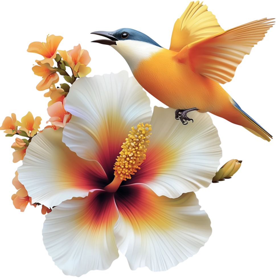 Colorful tropical bird perched on a vibrant hibiscus flower green leaves png