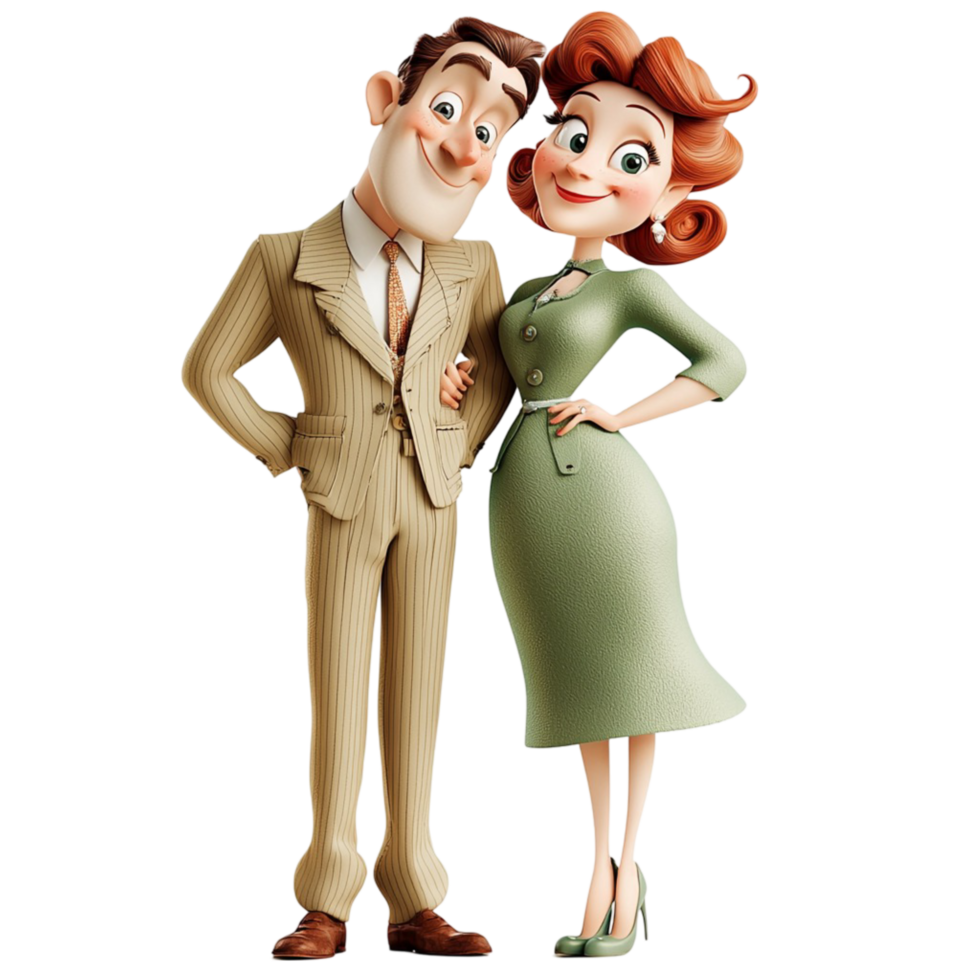 Cheerful cartoon couple dressed in vintage outfits smiling confidently png