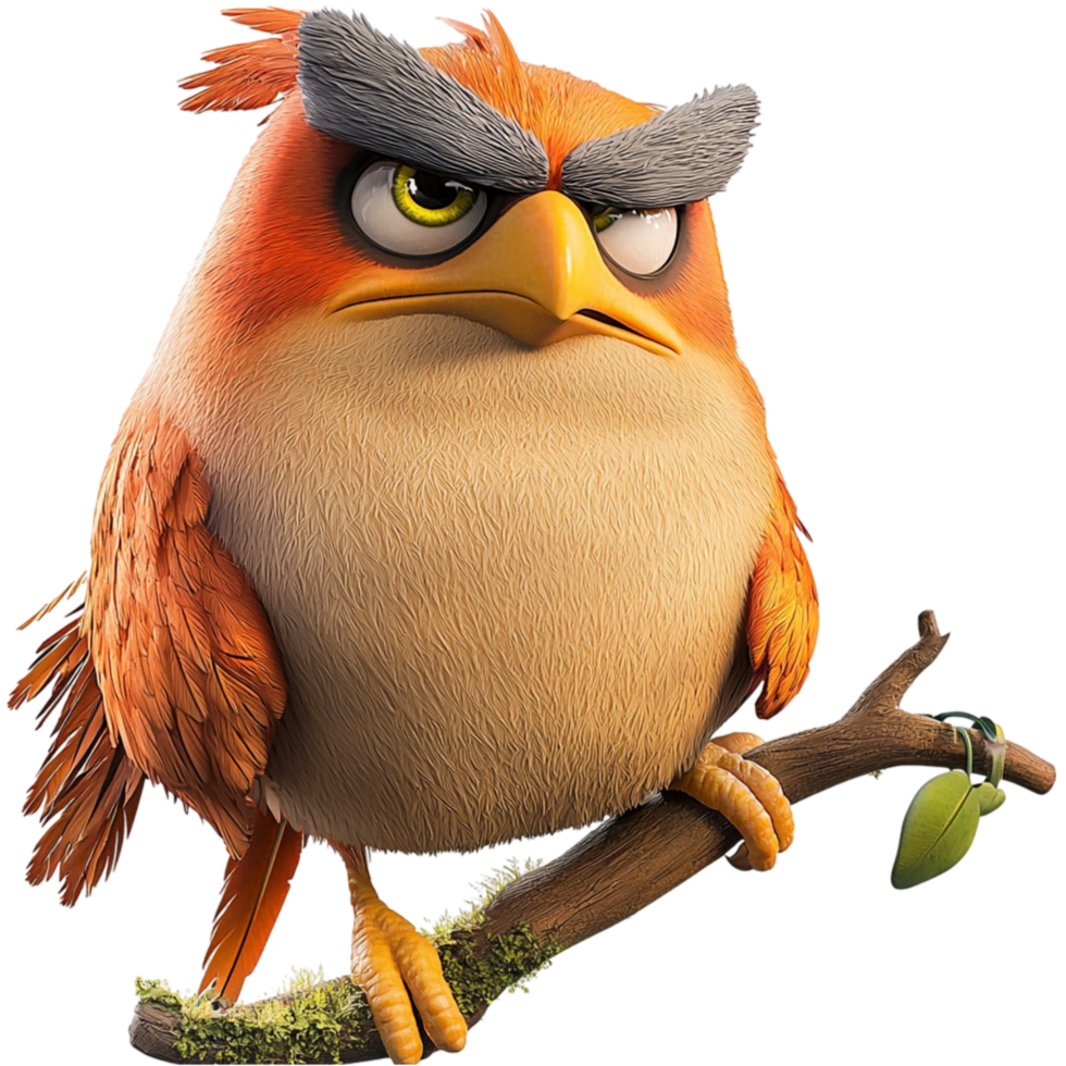 Angry cartoon bird an intense expression perched on a branch png