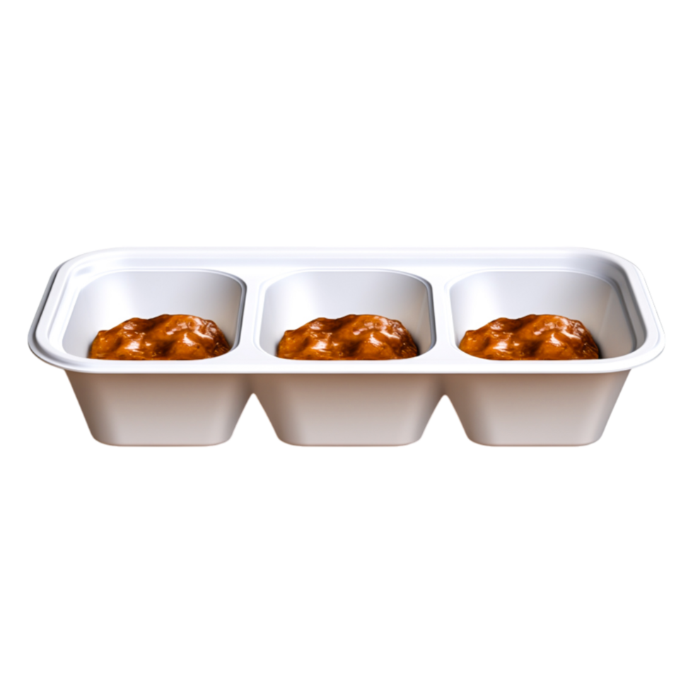 White Styrofoam Tray with Three Compartments Filled with Sauce png