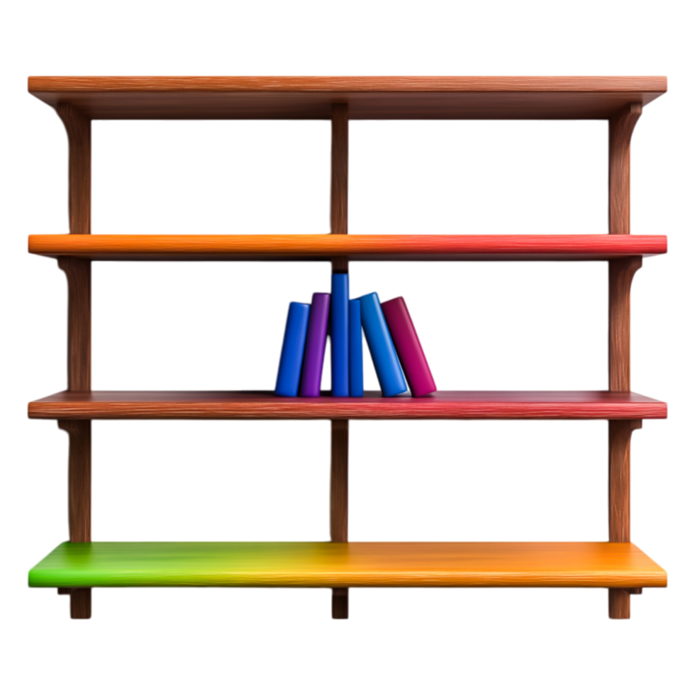 Colorful Wooden Bookshelf with Stacked Books in Vibrant Display png