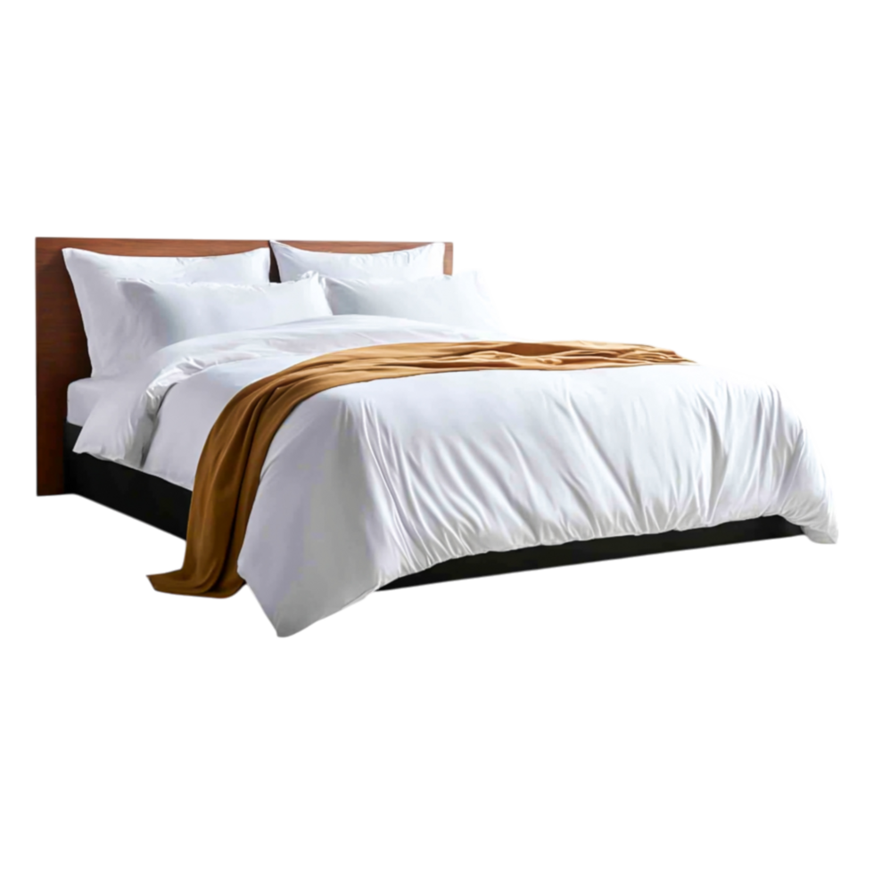 Luxurious Hotel Style Bed with White Bedding and Accent Throw png