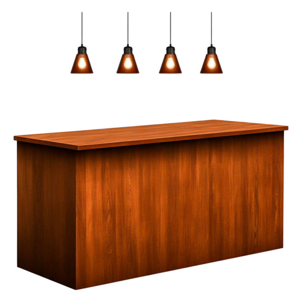 Modern Wooden Bar Counter with Industrial Hanging Light Fixtures png