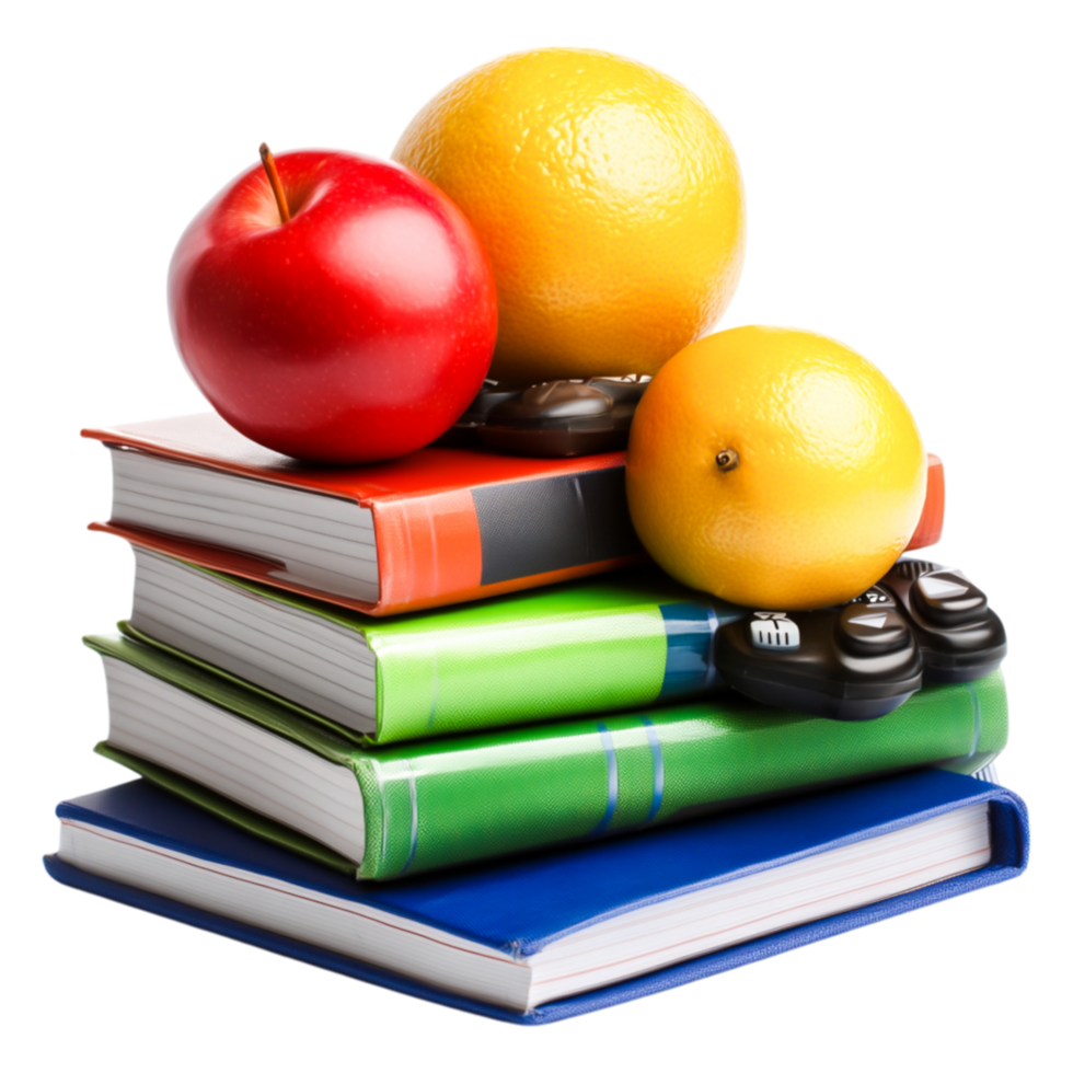 Colorful Fruits and Books Stacked Together on png