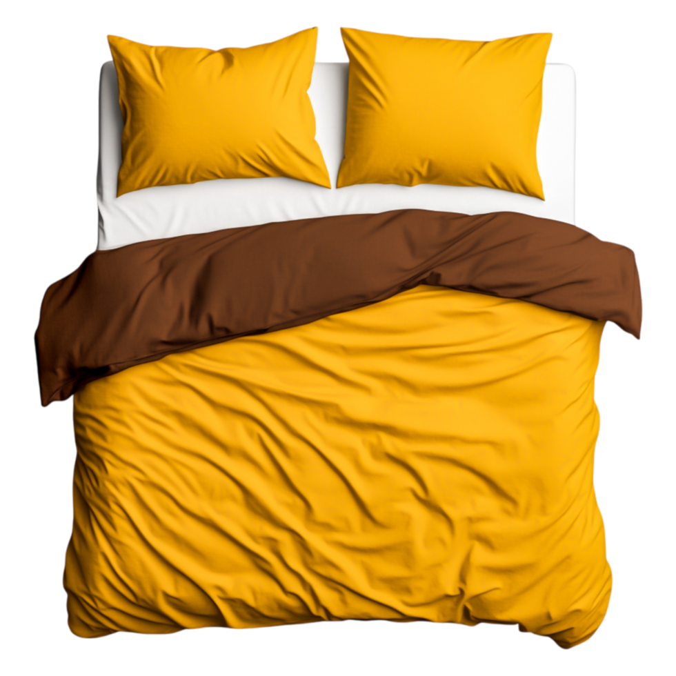 Cozy Bedroom Setup with Yellow and Brown Bedding for Relaxation png