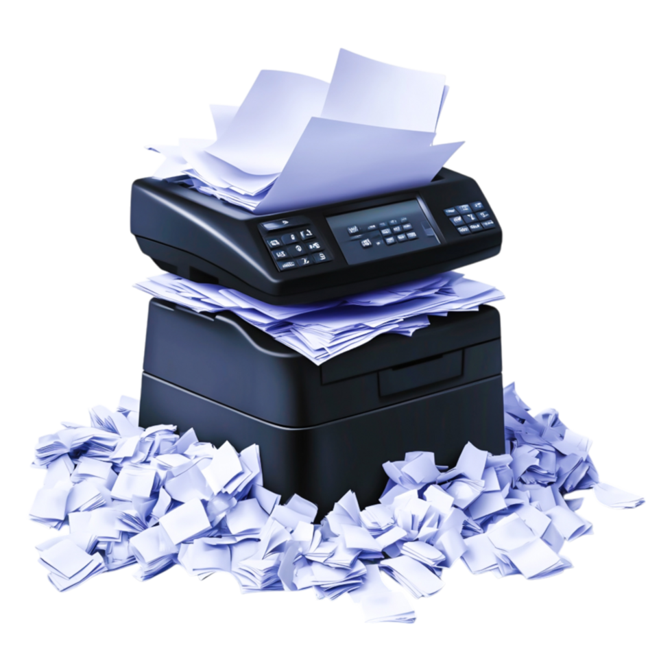 Office Printer Surrounded by Paper Clutter and Shredded Documents png