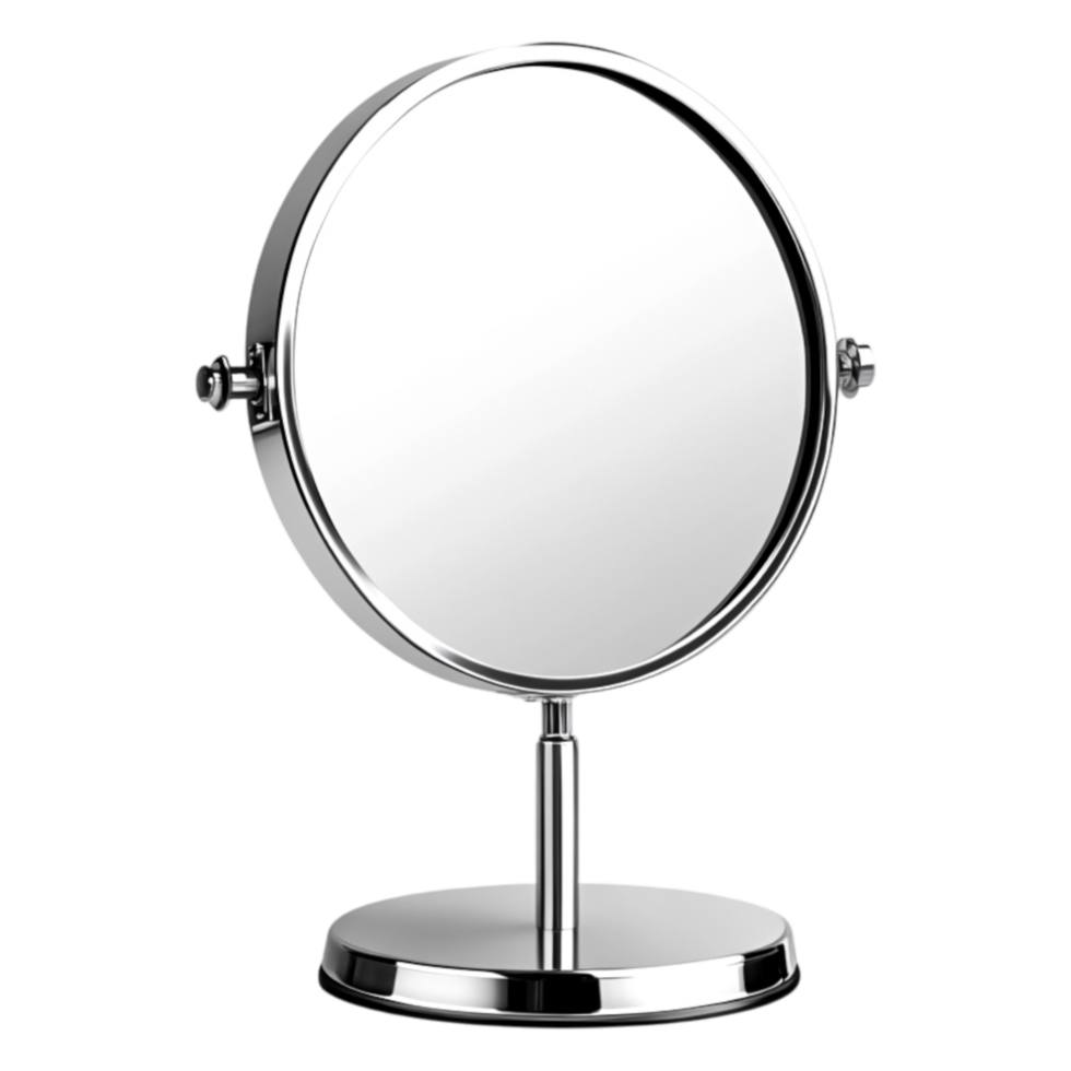 Elegant Round Makeup Mirror on Stand with Chrome Finish and Reflection png
