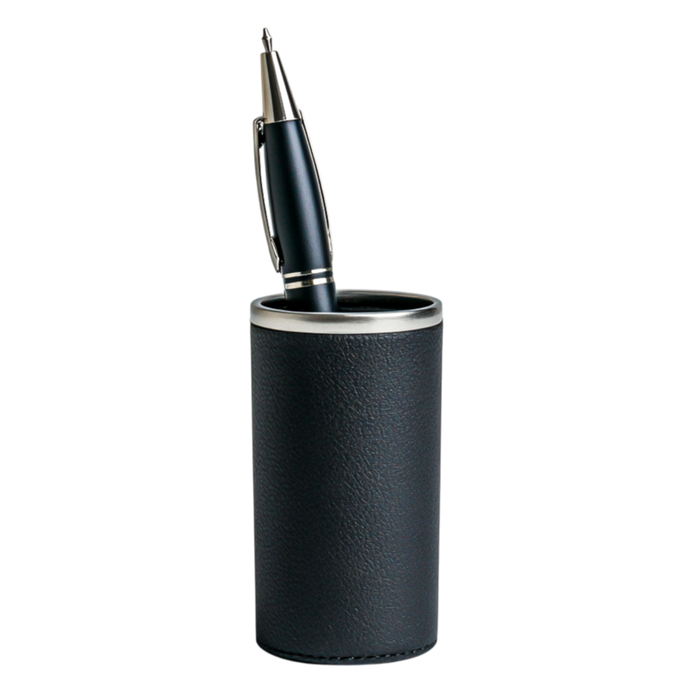 Elegant Black Pen Holder with Silver Accents and Writing Instrument png