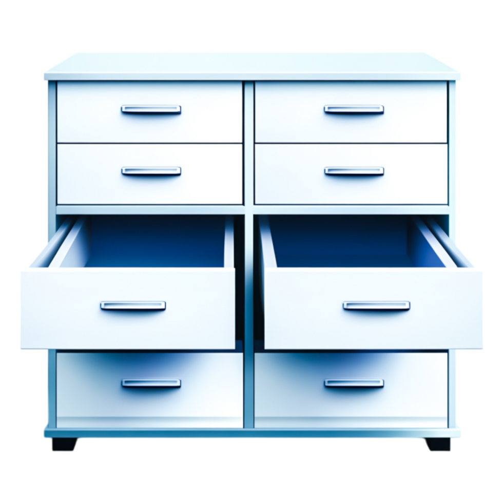 Stylish and Modern White Wooden Drawer Cabinet with Open Drawers png