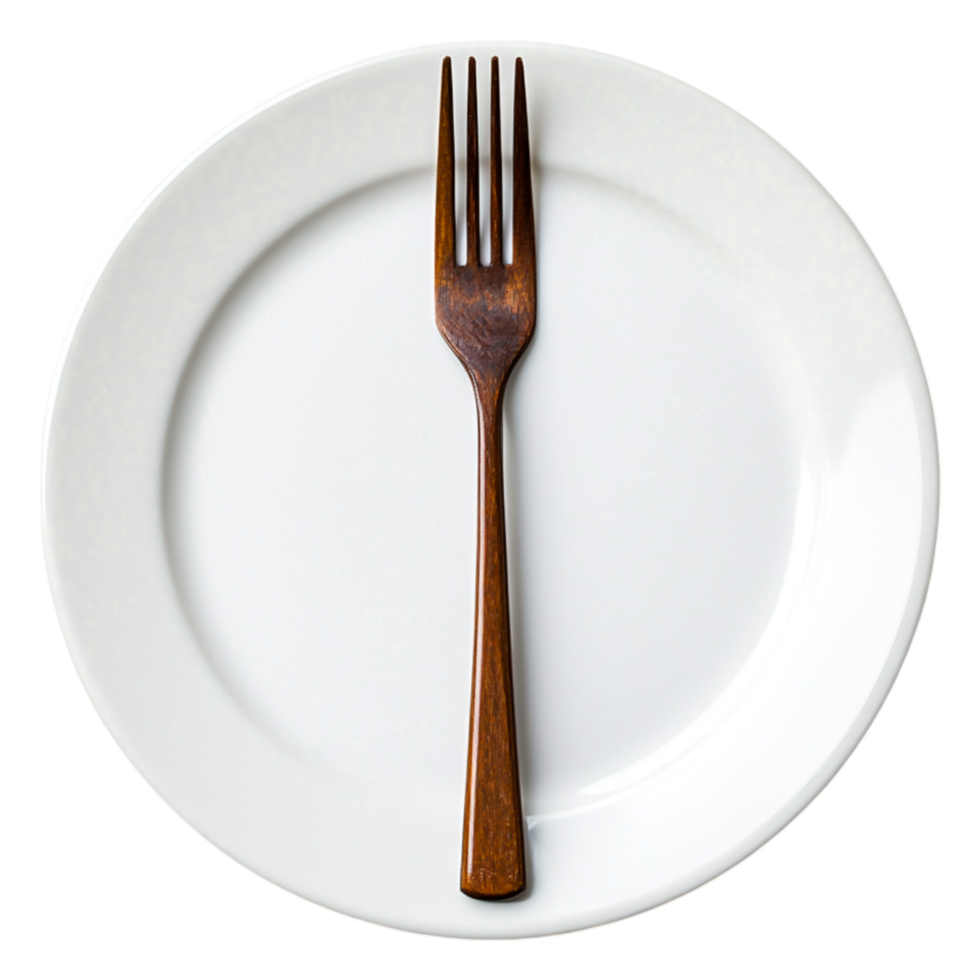 Wooden Fork Resting on White Empty Dinner Plate png