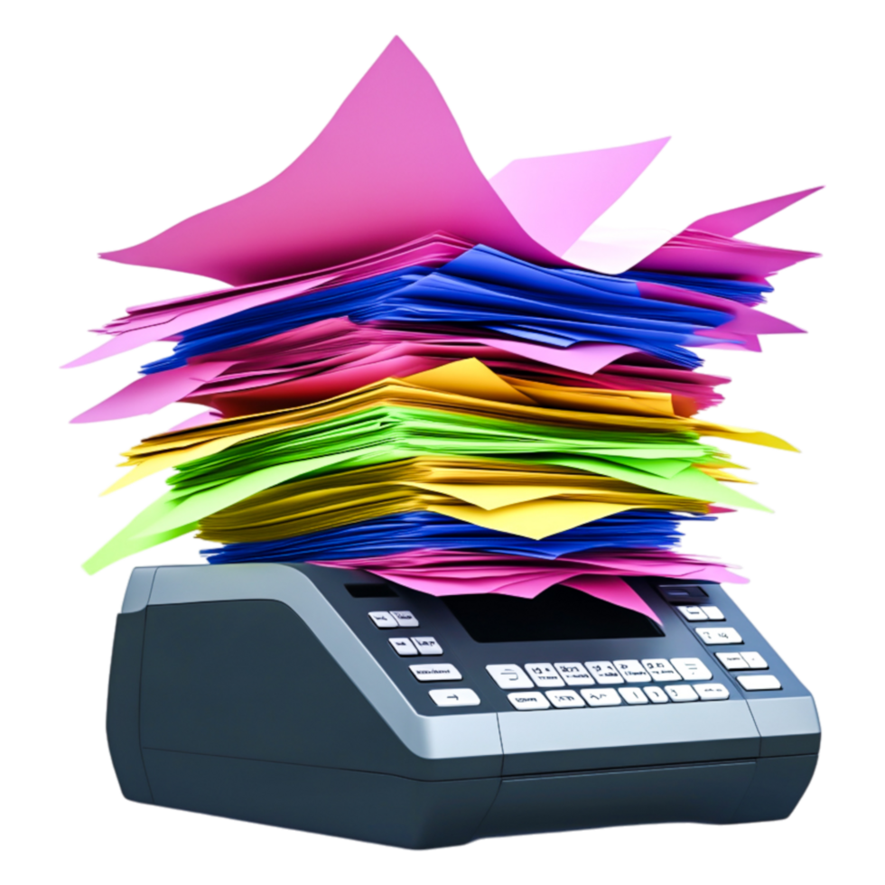 Overloaded Fax Machine Surrounded by Colorful Stacks of Paper png