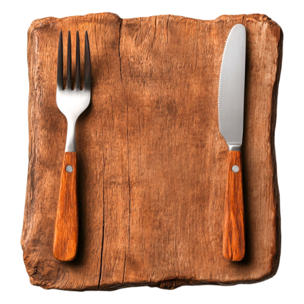Wooden Cutting Board with Fork and Knife Ready for Food Preparation png