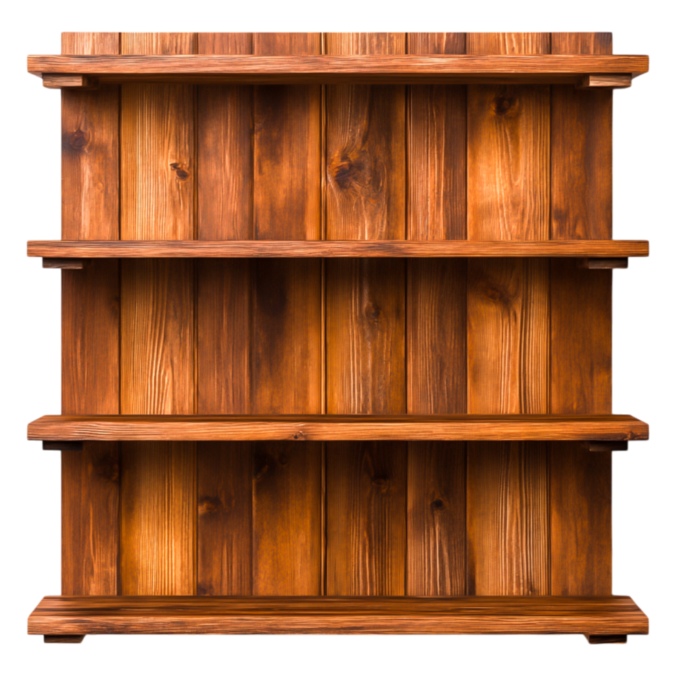 Rustic Wooden Shelf with Four Spacious Levels and Rich Finish png