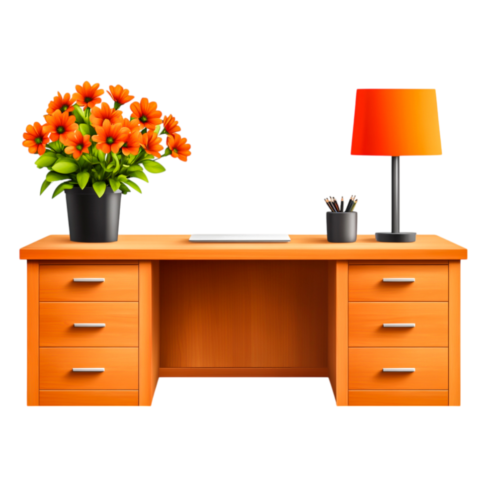 Stylish Wooden Desk with Flowers and Modern Lamp for Office Space png