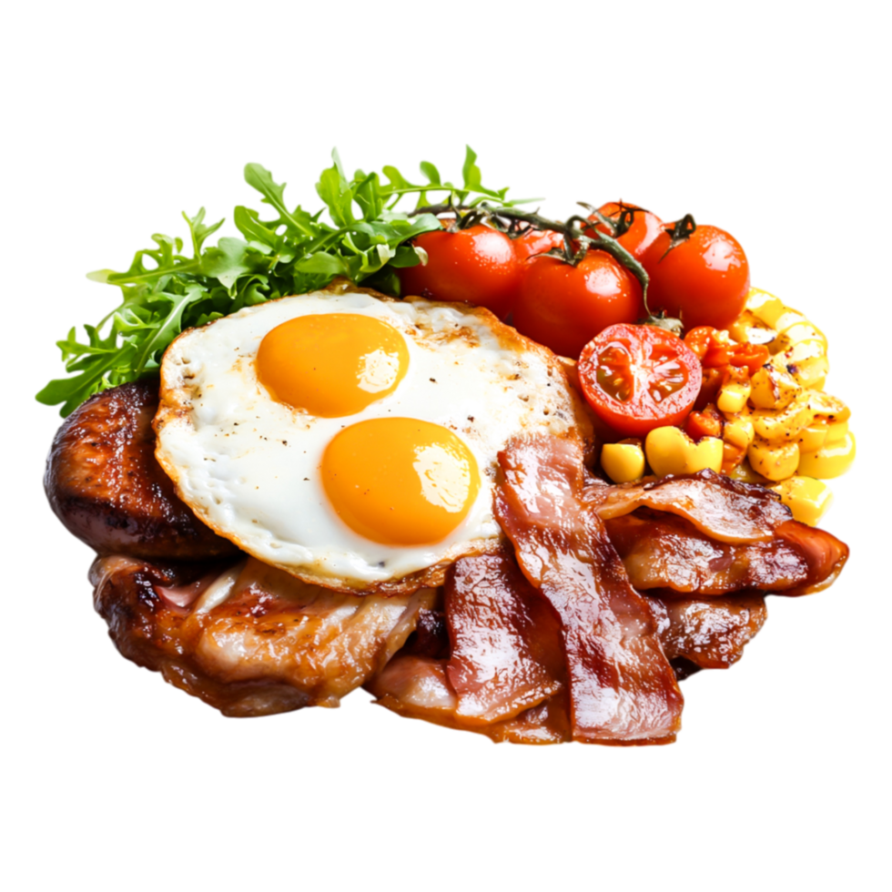 Delicious Breakfast Plate with Eggs, Bacon, Sausage, and Vegetables png