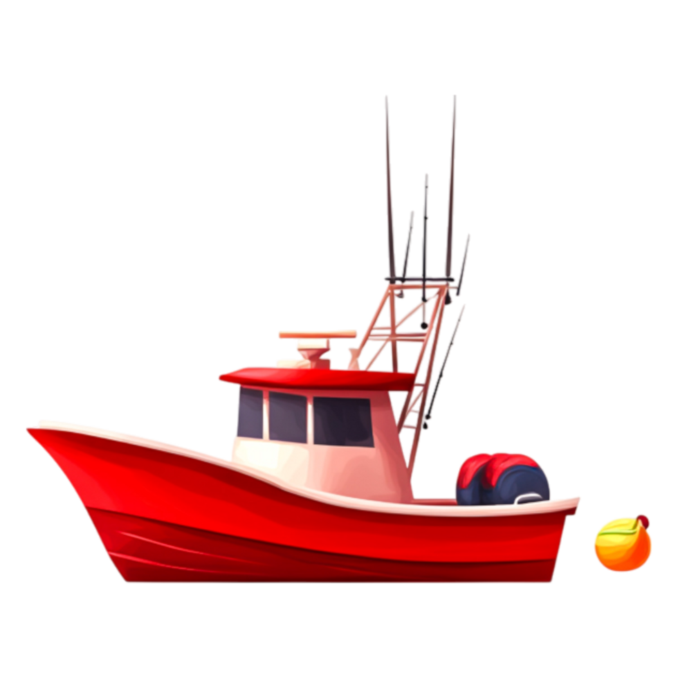 Bright Red Fishing Boat with Fishing Gear and Life Preserver png