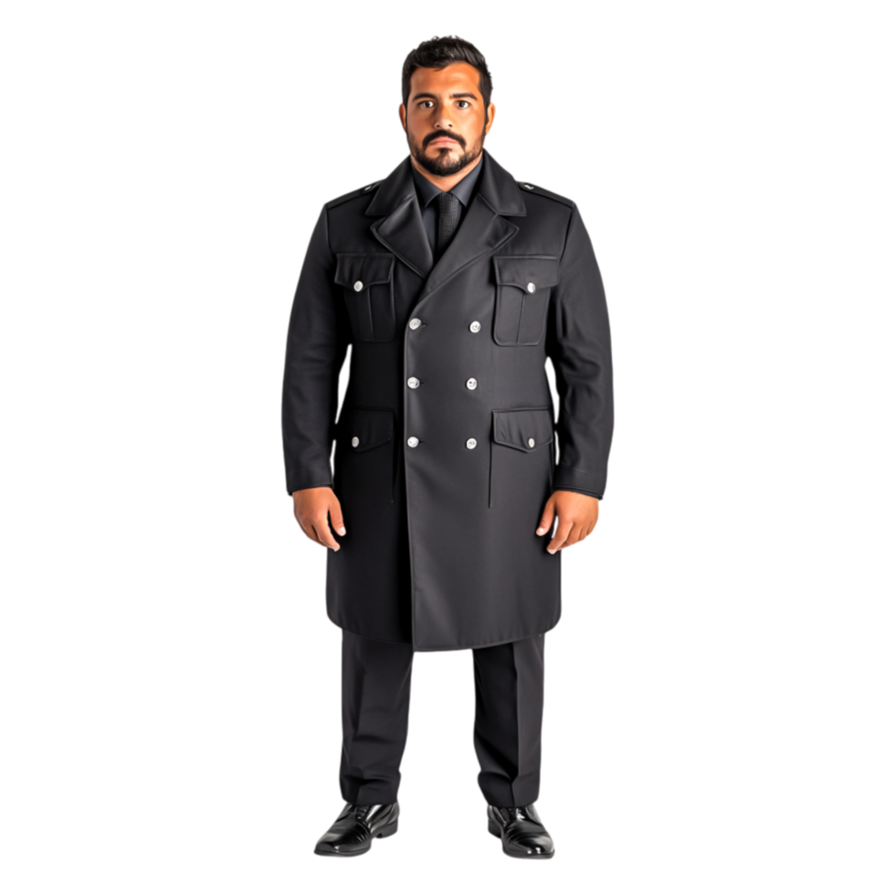 Confident Man in Black Overcoat with Serious Expression Stands Tall png