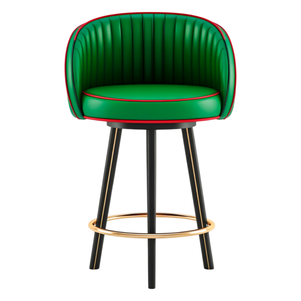 Stylish Green Velvet Bar Stool with Red Trim and Metal Base png