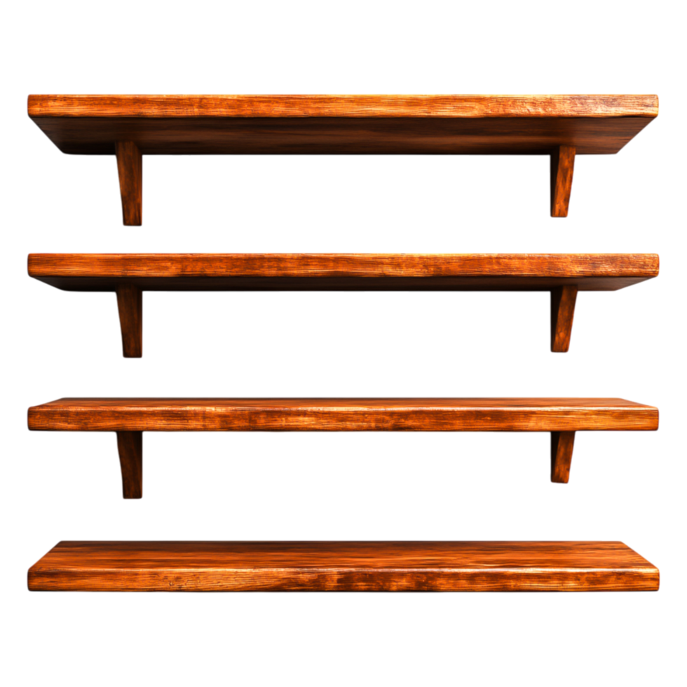 Wooden Shelves with Rustic Finish and Sturdy Supports for Home Decor png
