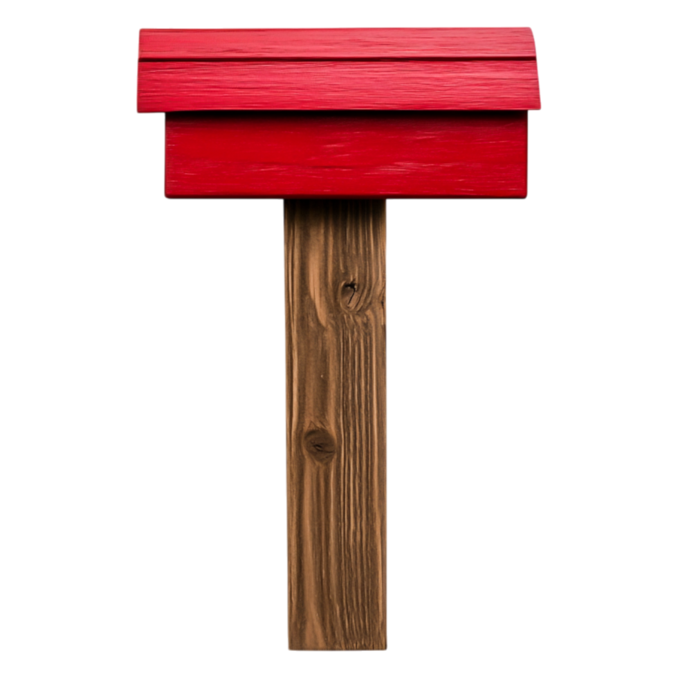 Bright Red Mailbox on Wooden Post with Design png