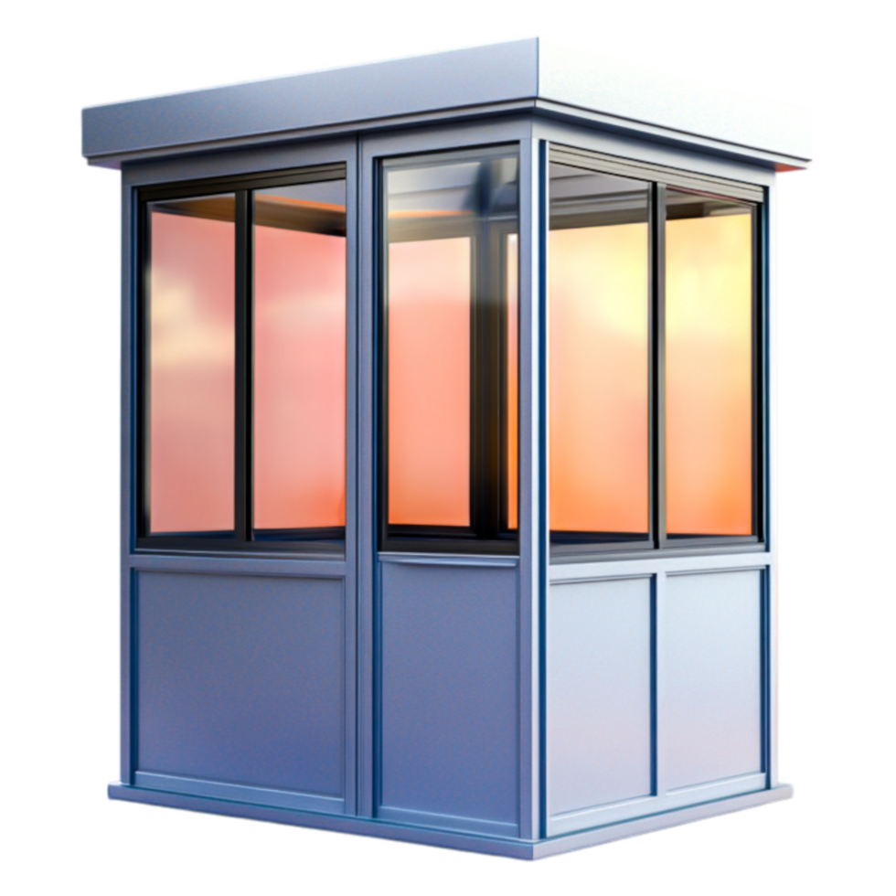 Modern Glass Security Booth with Clear Windows and Sunset Background png