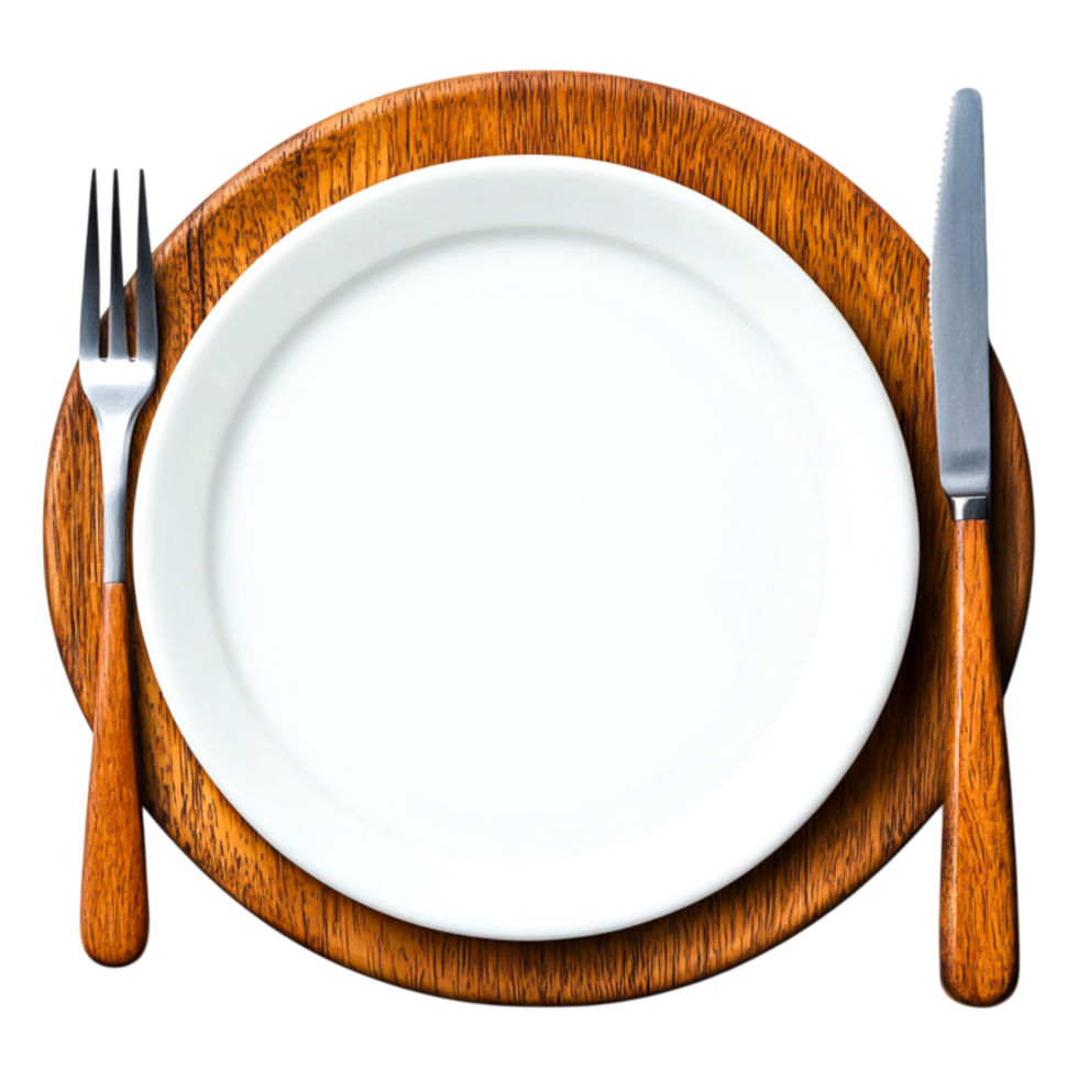 Minimalist Dining Setting with White Plate and Wooden Cutlery png