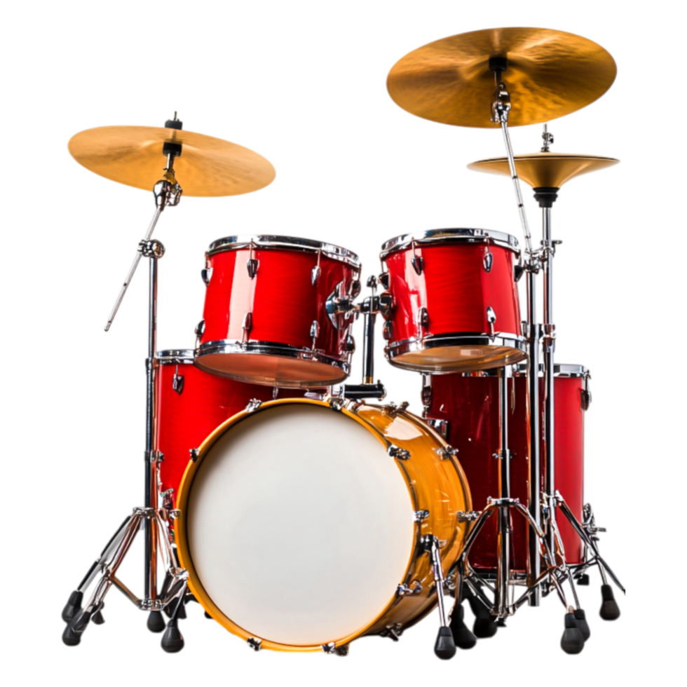 Vibrant Red Drum Set with Golden Cymbals on png