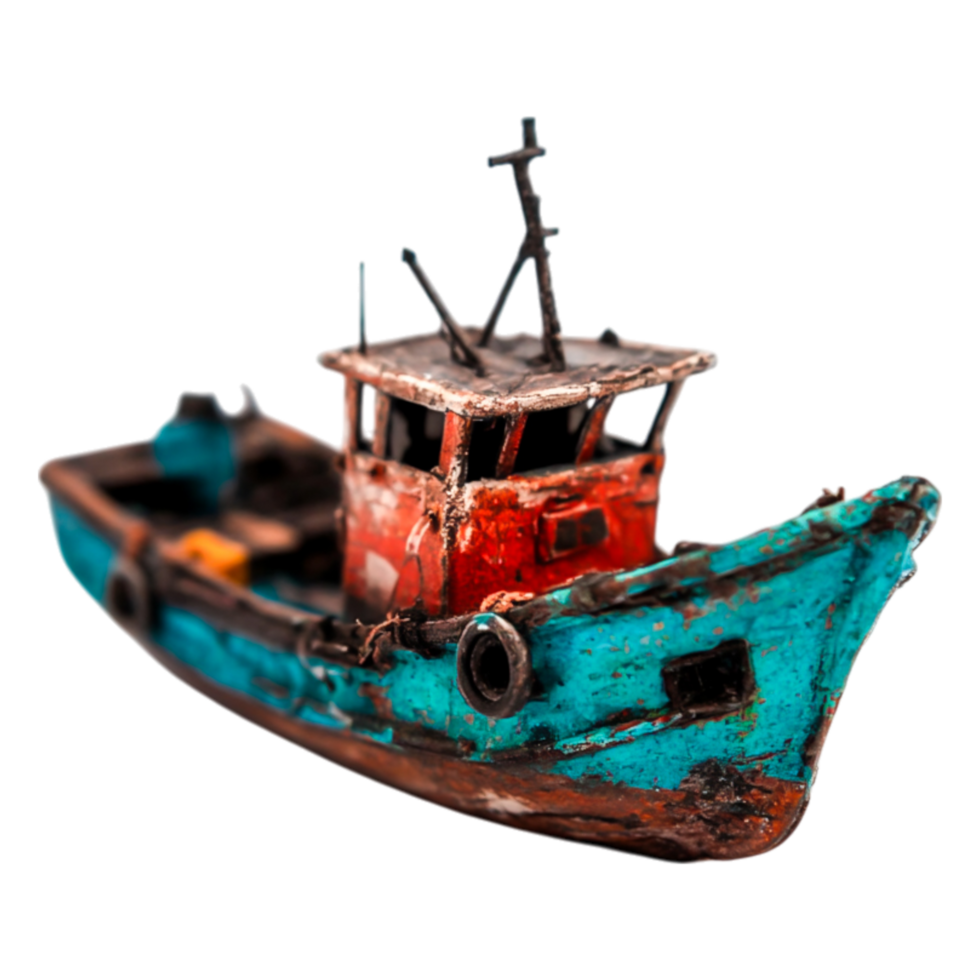 Weathered Fishing Boat Model in Vibrant Blue and Red Colors png