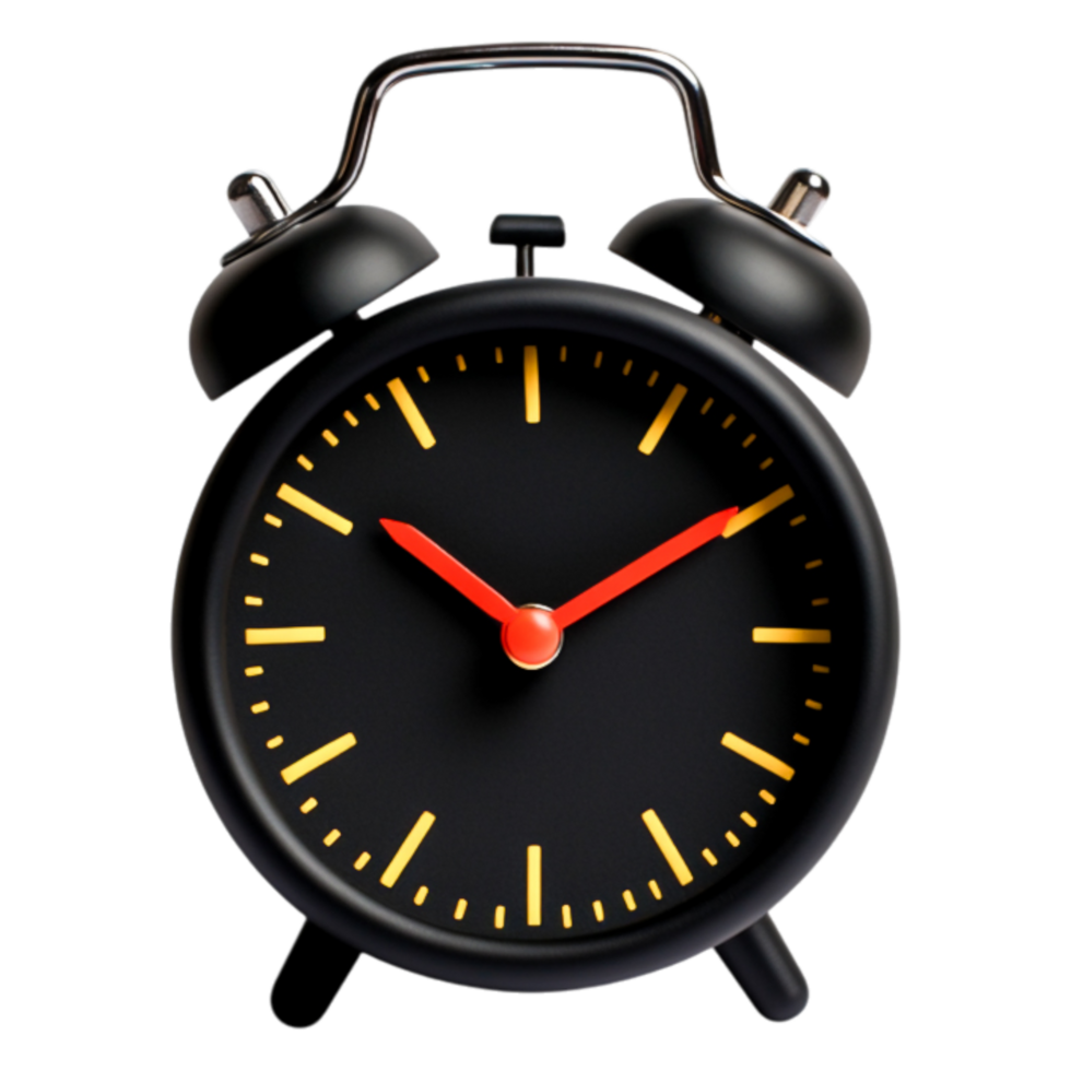 Classic Black Alarm Clock with Red Hands and Yellow Markings png