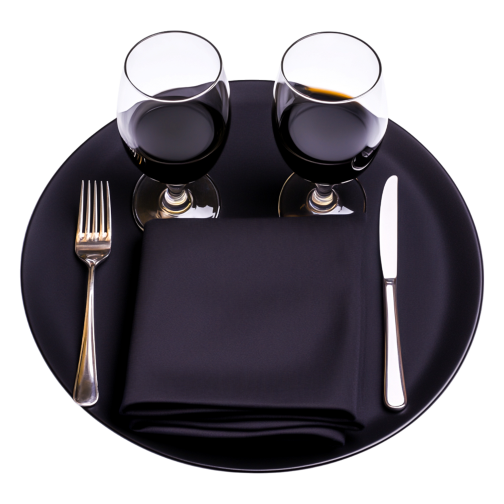 Elegant Dinner Setting with Wine Glasses and Black Napkin png
