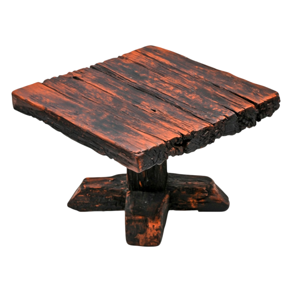 Rustic Wooden Table with a Square Top and Cross Base Design png