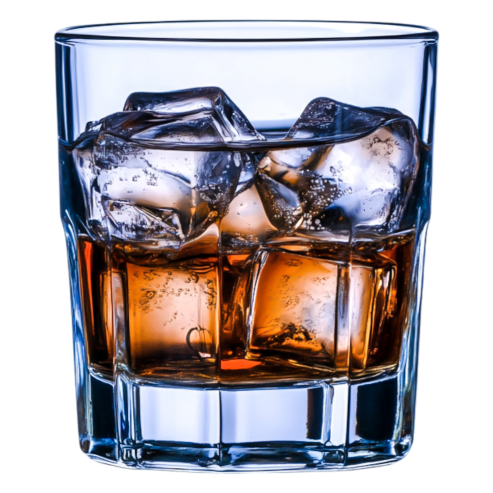 Glass of whiskey with ice cubes blue background png