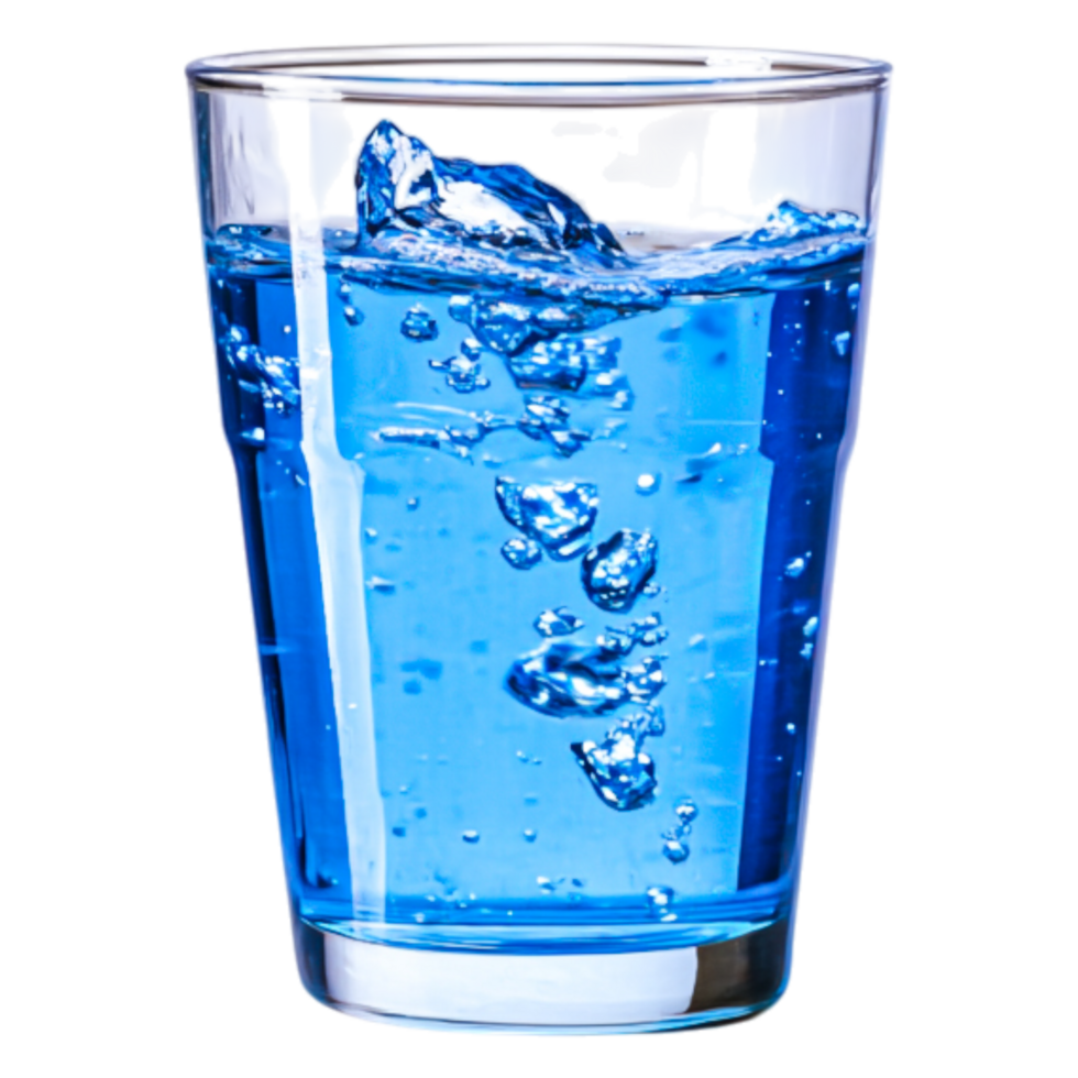 Refreshing Clear Glass of Sparkling Blue Water with Bubbles png