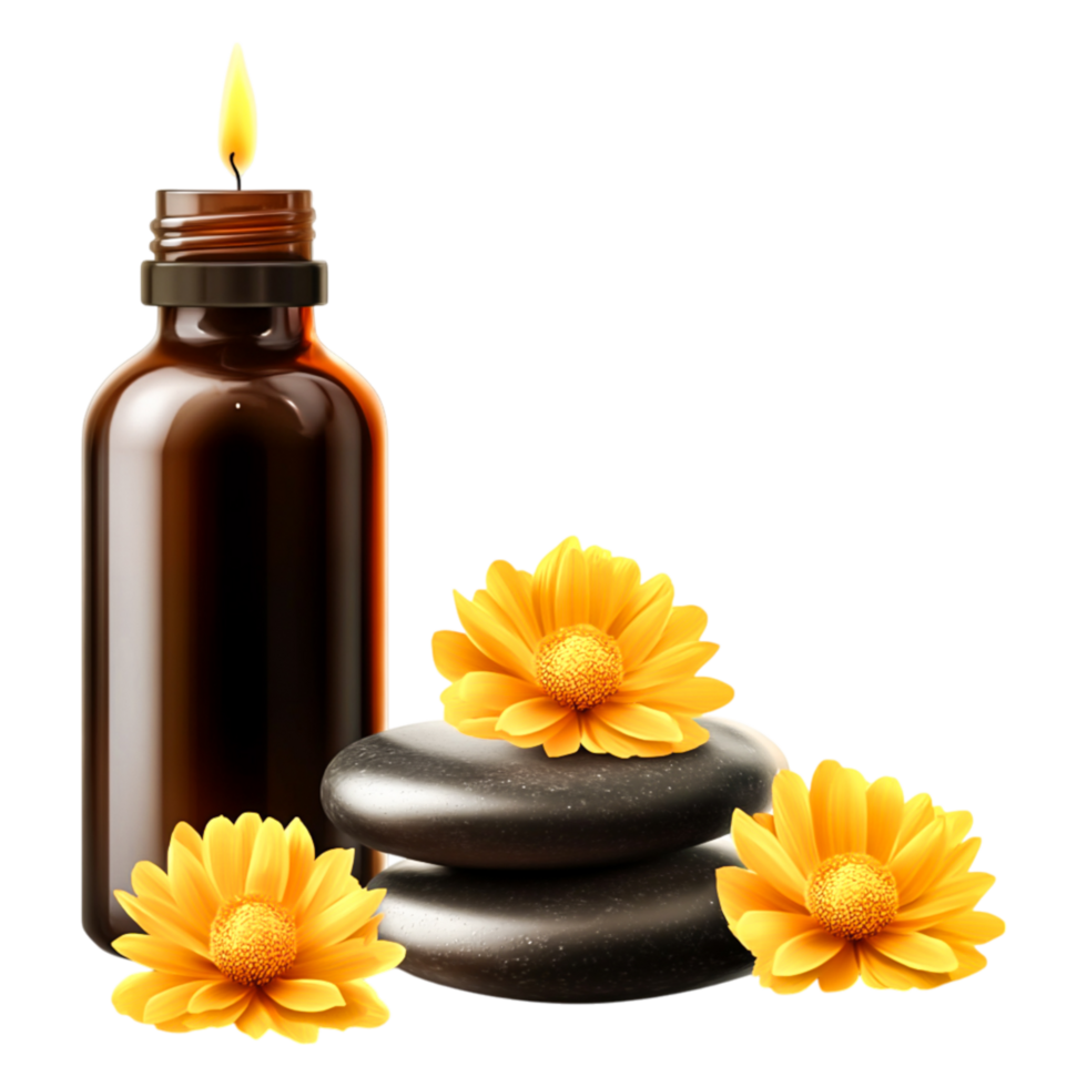Aromatherapy Bottle with Stones and Yellow Flowers for Relaxation png