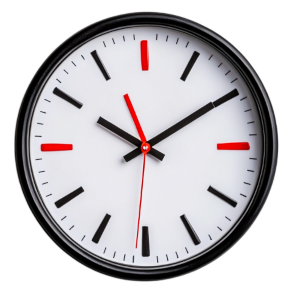 Modern Black Wall Clock with Red Accents and White Face Design png