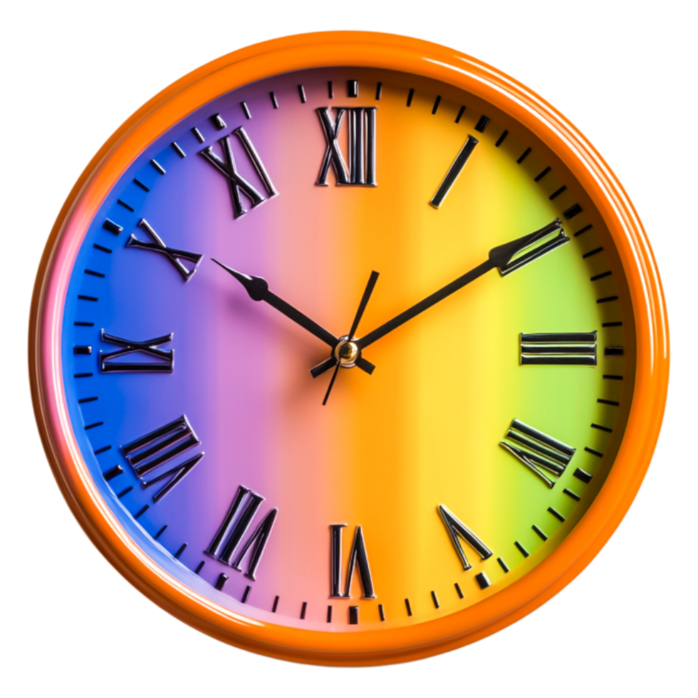 Colorful Rainbow Clock with Roman Numerals on Bright Background png