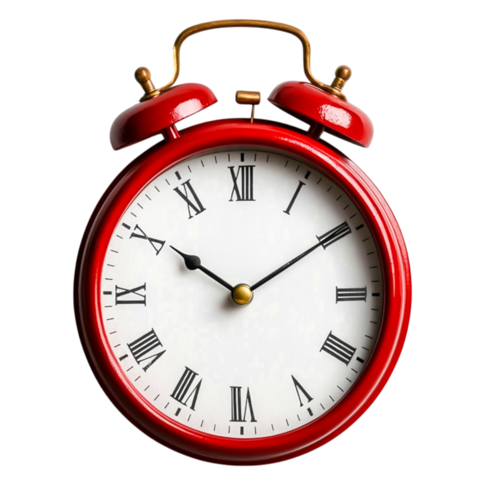Vintage Red Alarm Clock with Roman Numerals and Gold Handle png