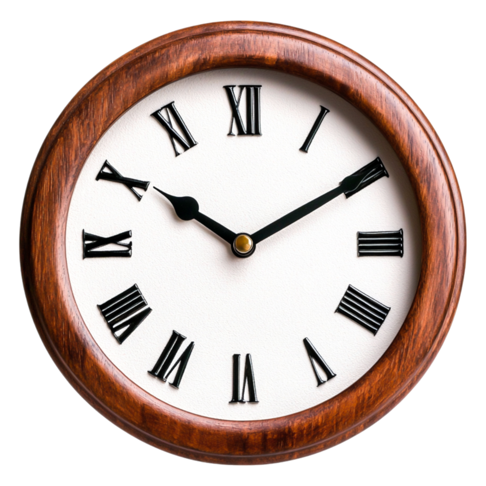 Classic Round Wall Clock With Roman Numerals In Wooden Frame png