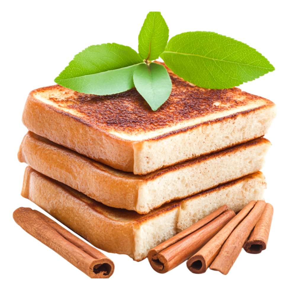 Delicious Toast with Cinnamon Sticks and Fresh Green Leaves png