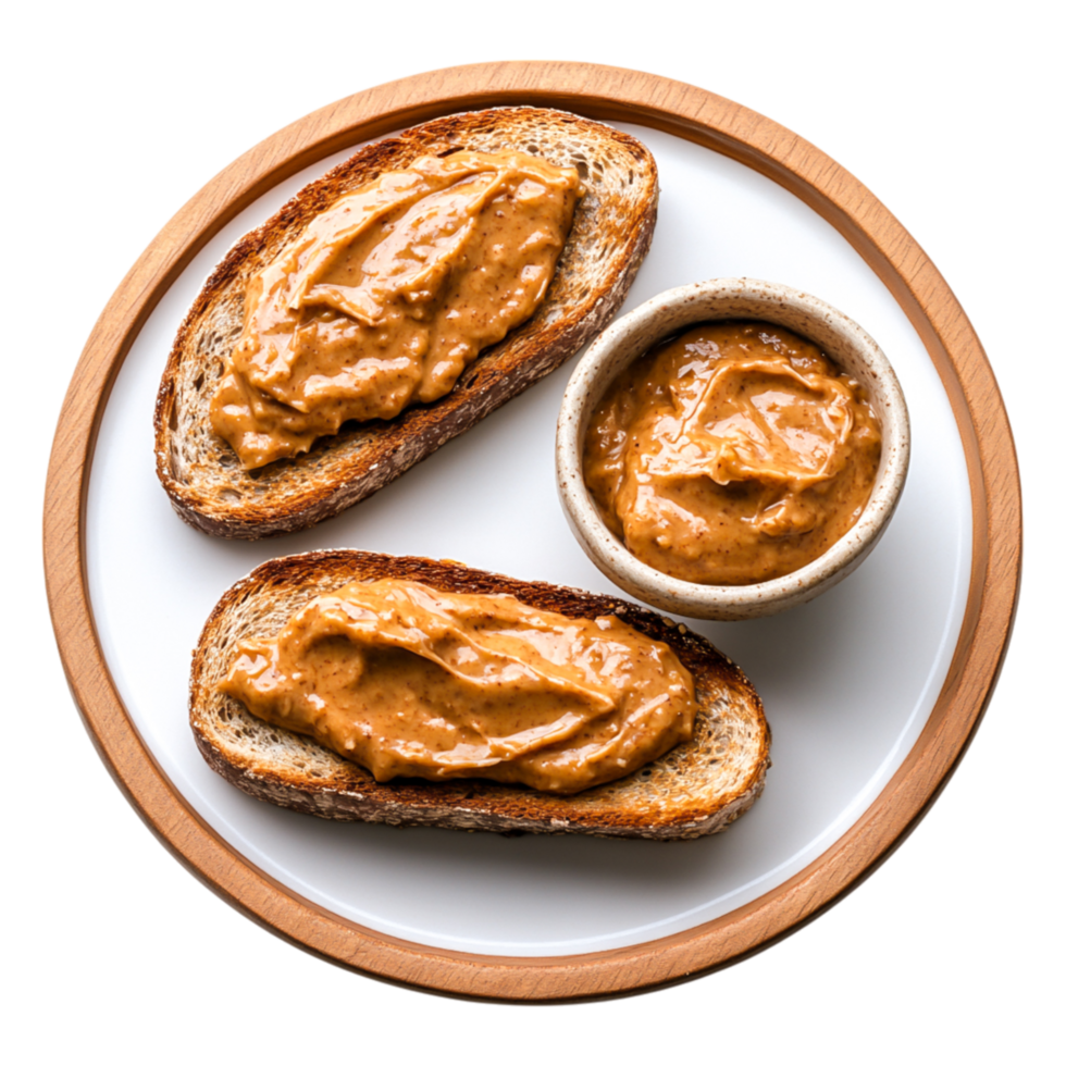 Delicious Toast with Creamy Peanut Butter on Wooden Plate png